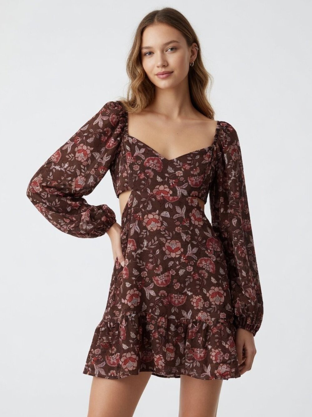 *Dynamite Brown Floral Cutout Puff Sleeve Ruffle Hem Mini Dress NWT Size Small